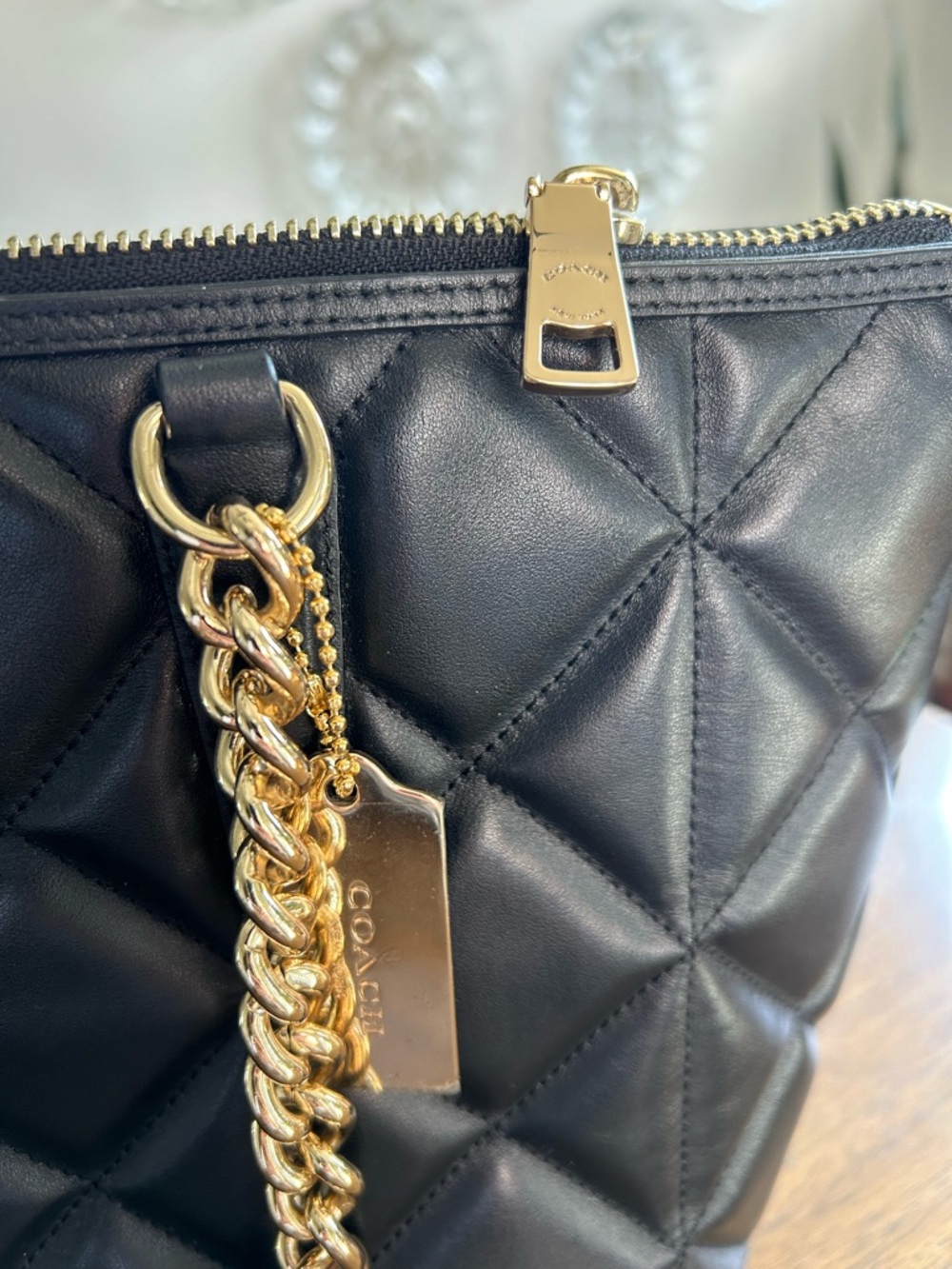 COACH Ava Quilted Leather Tote Black with Gold Chain Straps - Picture 8 of 12